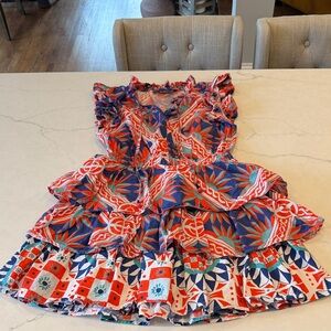 Ro’s Garden Bimba Floral Print Split Tie Neck Flutter Sleeve Tiered Mini Dress